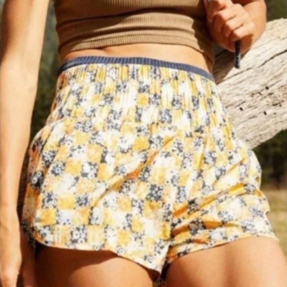 Free People FP Movement The Way Home Shorts Yellow Black Floral Check Size Small